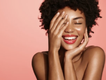 beautiful laughing woman with red lips