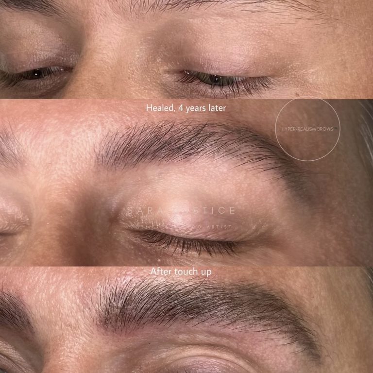 photo before and 4 years after Hyper-Realism Brows treatment, and after touch-up